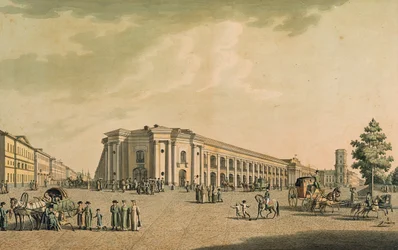 Vista de las tiendas rusas en la avenida Nevsky Prospekt, con la casa de la Duma, San Petersburgo, 1802